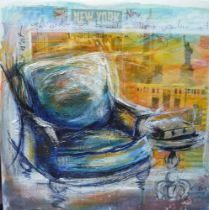 Clara Bergel (b.1964) "New York easy chair" oil and mixed media on canvas, signed, unframed, 120cm s