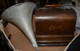 An Edison A Little Gem cylinder gramophone with wooden cover and aluminium horn