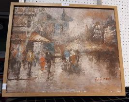 A mid century oil on canvas street scene signed "Barton"