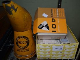A Glico Motor Oils Jug, a photax viewer and some cigarette cards