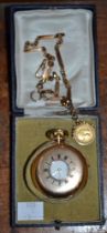 9ct gold hunter pocket watch with chain, having a half soveriegn fob 1915