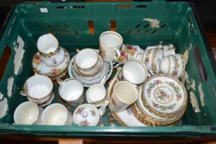 A crate of floral dinner and tea wares to include Royal Albert, Coalport, Aynsley etc