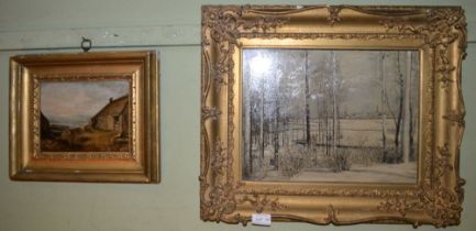 19th century rural scene oil on panel and another winter scene in fancy gilt frame