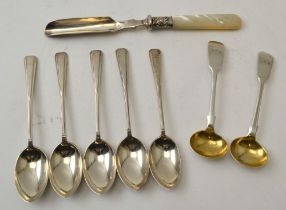 James & Josiah Williams, two silver fiddle pattern condiment spoons, Exeter 1854 & 1855, together wi