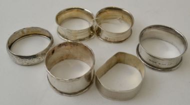 A collection of six assorted silver napkin rings, combined weight: 56g