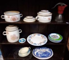 China tableware to include Denby casseroles - one dish containing a bundle of foreign bank notes