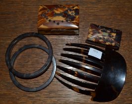 A collection of tortoiseshell items, Includes two bangles, a hair comb and two small boxes