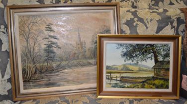 An original oil on canvas of Holy Trinity Stratford by John D Blizard plus another