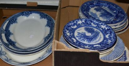 Three boxes of blue and white plates various