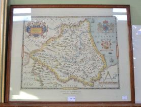 A British Museum copy of Saxtons 1576 map of Durham, 37cm x 48cm, framed and glazed
