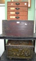 A set of collectors drawers, a decorative brass bound coal box with liner and a wooden box with