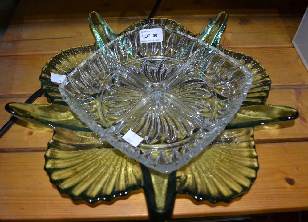 Large green glass table centrepiece and a glass 'nibbles' dish