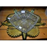 Large green glass table centrepiece and a glass 'nibbles' dish