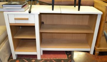 A part painted light oak open fronted unit, one small drawer and two open shelves