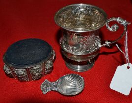 A Victorian silver mug, etc.