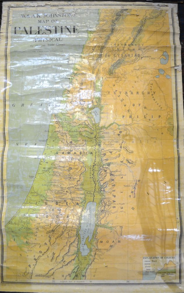 A vintage hanging wall map of Palestine