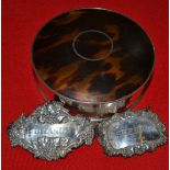 A silver & tortoiseshell box and two silver decanter labels