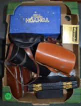 A pair of Nikon binoculars, cameras, cased brass scales etc