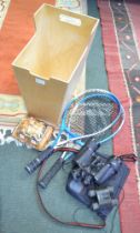 Wooden box with a pottery butter dish two modern tennis racquets and binoculars