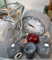 A small plastic crate of domestic items to include a clock, mirror etc
