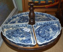 Antique wooden 'lazySusan' with four Booths pottery trays