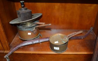 Two copper saucepans with covers, coffee grinder etc