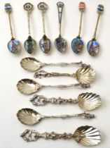 Six Continental white metal & enamelled commemorative spoons, two for the casino in Monte Carlo, tog