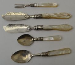 Two Victorian silver butter knives with mother-of-pearl handles, two silver jam spoons, and a fork w