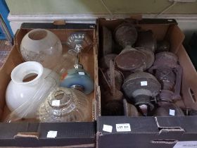 Two boxes of lamps, shades, funnels etc