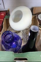 A box containing a selection of glassware, includes an opalescent rose-bowl