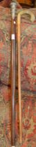 A substantial metal topped walking cane with another