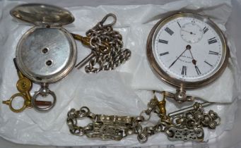 Two silver pocket watches and a silver chain etc