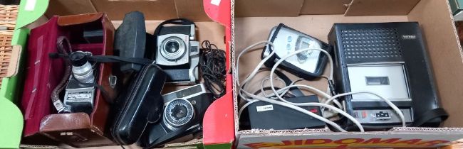 Box of vintage cameras, Kodak Brownie 44a & Dakon lens, Pouillard-Bolex hand held cine movie f