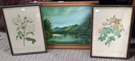 An oil on board of Loch Katrine with two other floral prints