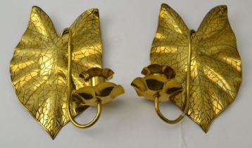 A pair of Arts and Crafts brass wall sconces of Lily pad design, fitted removable candle holders, wi