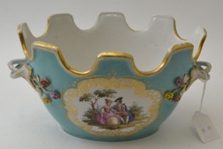 A 19th century continental porcelain Monteith, duck egg blue ground, painted to each side with a gil