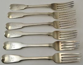 A matched set of six silver fiddle pattern dinner forks, including three by Thomas Wilkes Barker, Lo