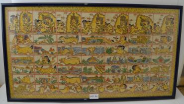 An Indonesian coloured panel on fabric, divided into sections, considered to be a calendar, 38cm x 7