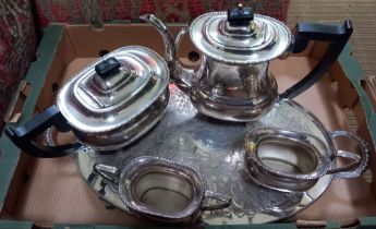 A silver plate tea set, comprising teapot, hot water pot, milk jug, sugar bowl & tray