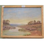 E Davis - A modern oil on board of a river and pasture scene with sheep