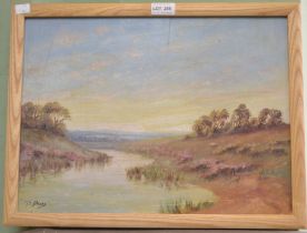 E Davis - A modern oil on board of a river and pasture scene with sheep