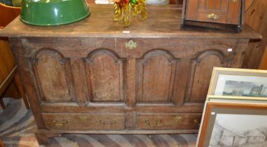 19th century oak 'Mule chest' having arched panelled front over two drawers