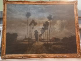 A very large 19th century oil on canvas depicting a tree lined country road, in gilt frame