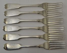 John James Whiting, A set of six silver fiddle pattern dessert forks, London 1838, monogrammed, comb