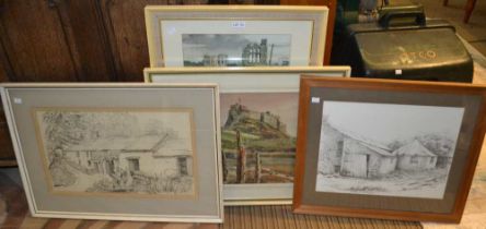 Tom Manson two watercolour studies - Lindisfarne & Tynemouth together with two