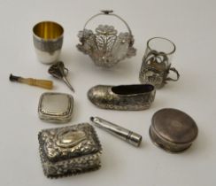 French silver spirit measure in form of thimble silver mounted "shot" glass, silver perfume funnel,