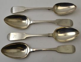 Thomas Watson, three silver fiddle pattern soup/table spoons, Newcastle 1825, 210g, together with a