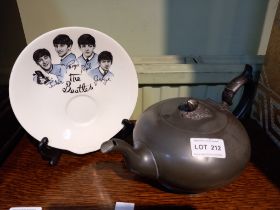 A good Quality Victorian 'melon' tea pot and a saucer decorated with the 'Fab Four'
