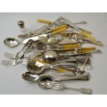A quantity of silver plated flatware, includes bone handled fish knives and forks, soup spoons, moth