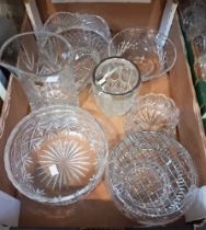 A box containing cut glass jug, bowls ice-bucket etc